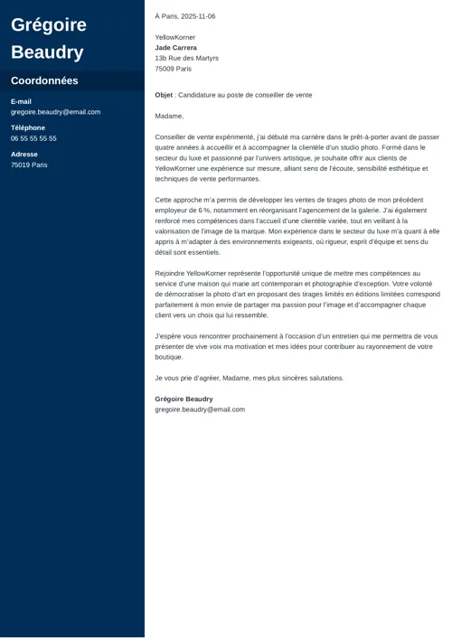 Exemple de lettre de motivation conseiller de vente à deux colonnes, avec colonne latérale bleu foncé